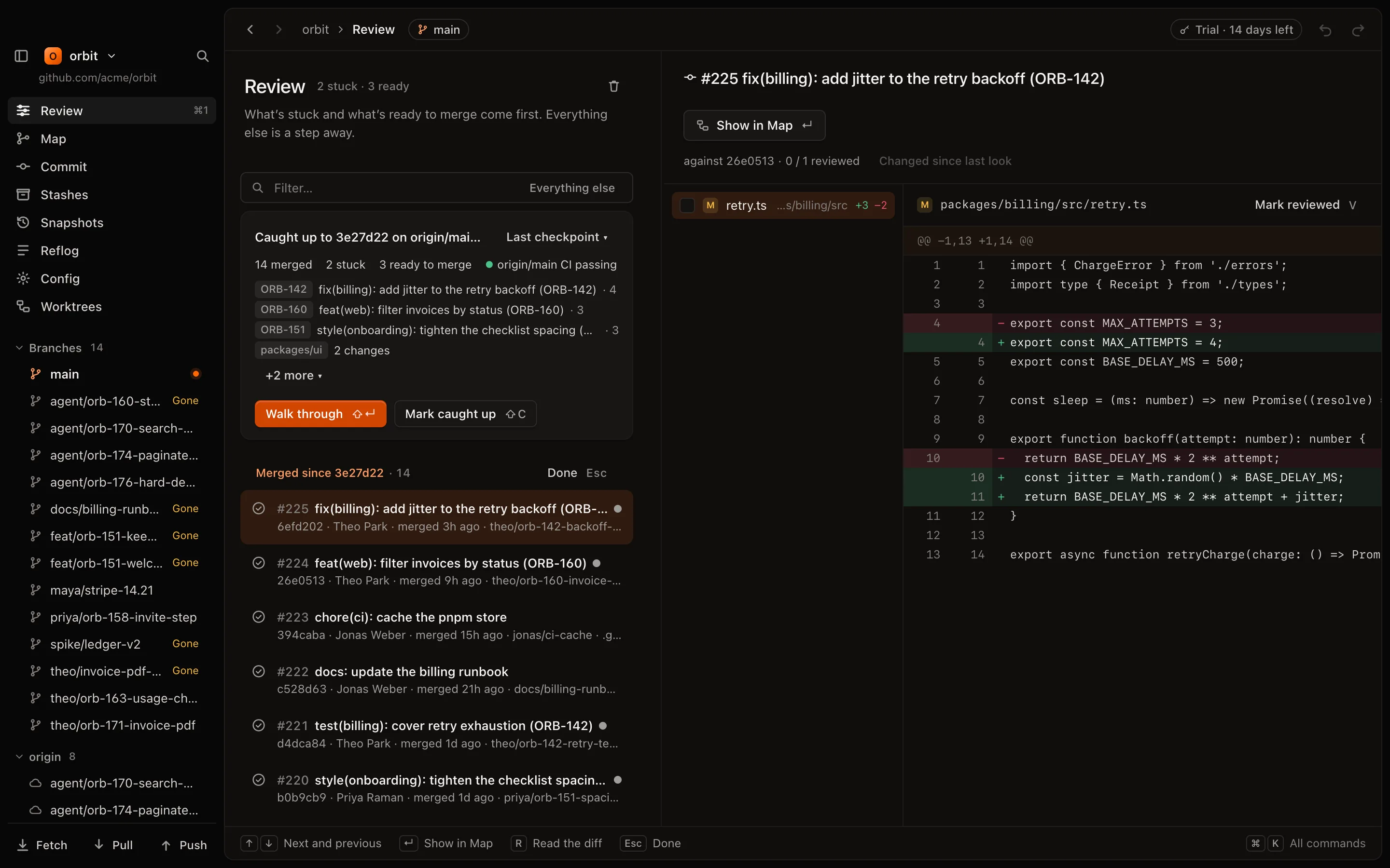 Catch up: what reached main since your checkpoint, grouped by issue key and by folder