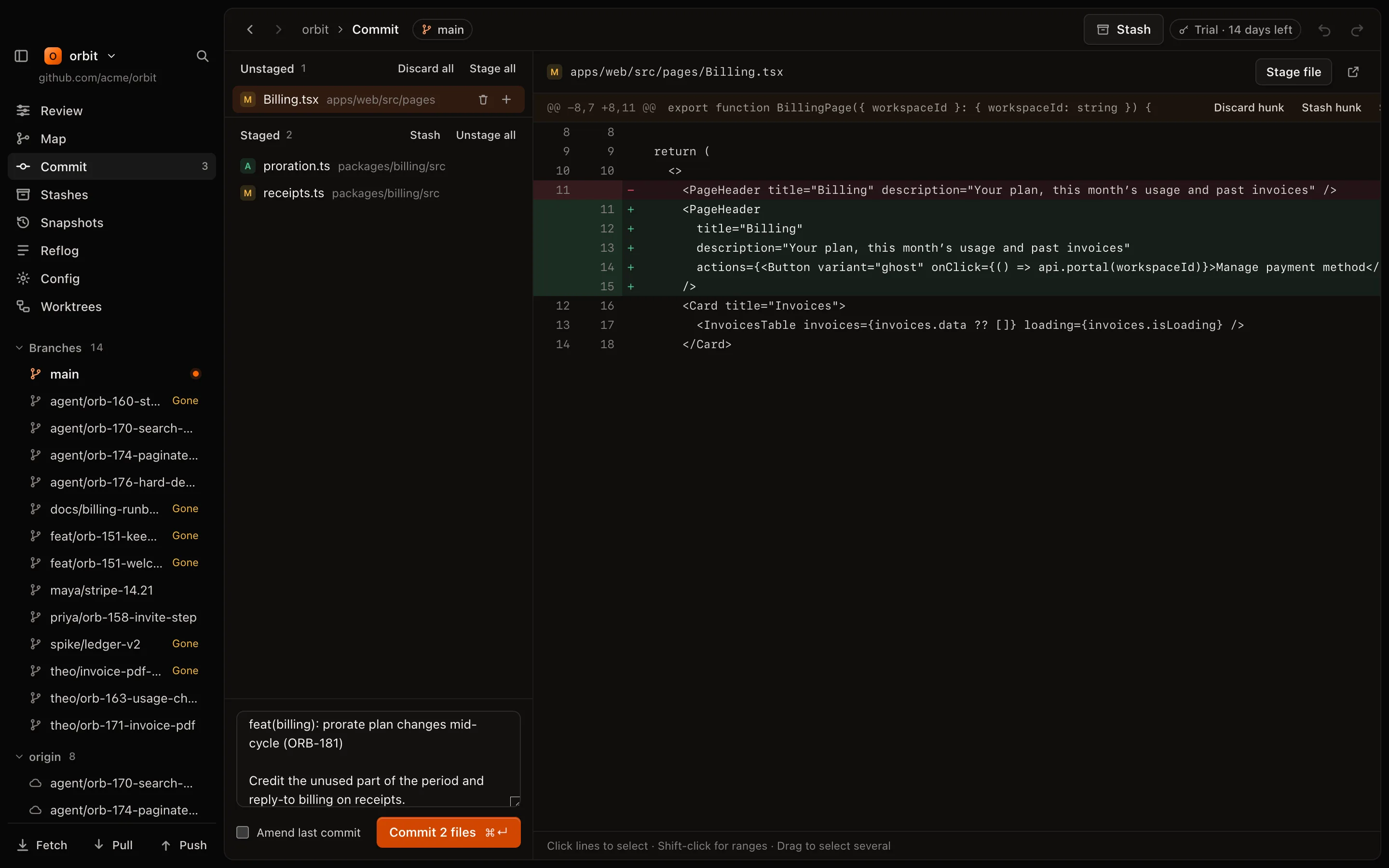 Commit: staged and unstaged changes with the diff of the selected file