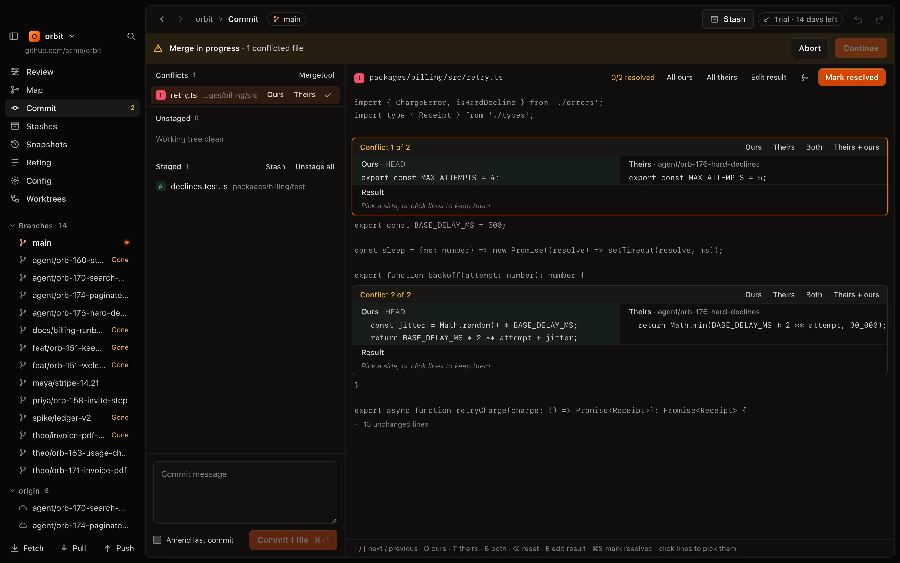 The conflict editor: ours, base and theirs side by side