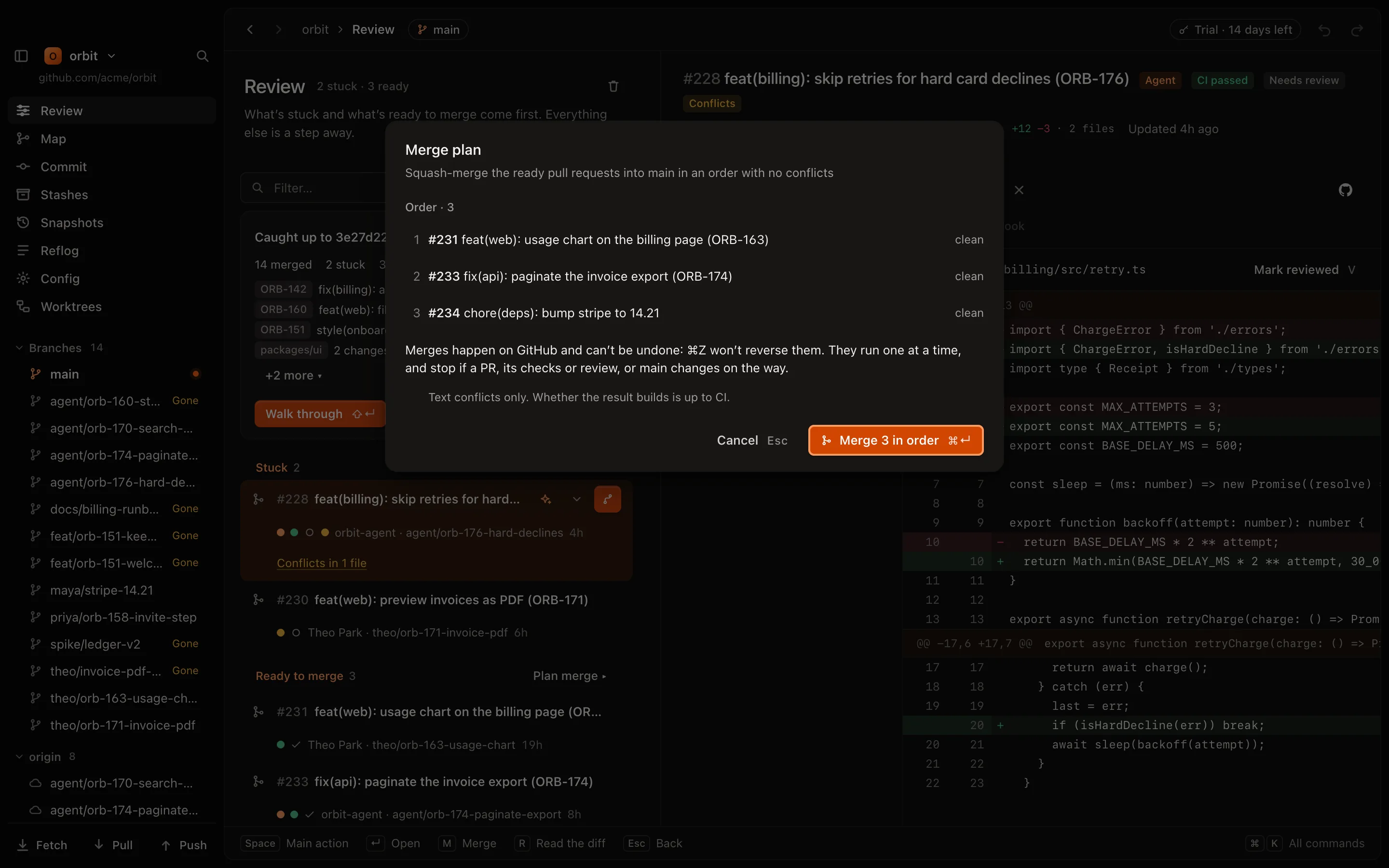 The Merge plan sheet: the ready pull requests in an order that merges with no conflicts