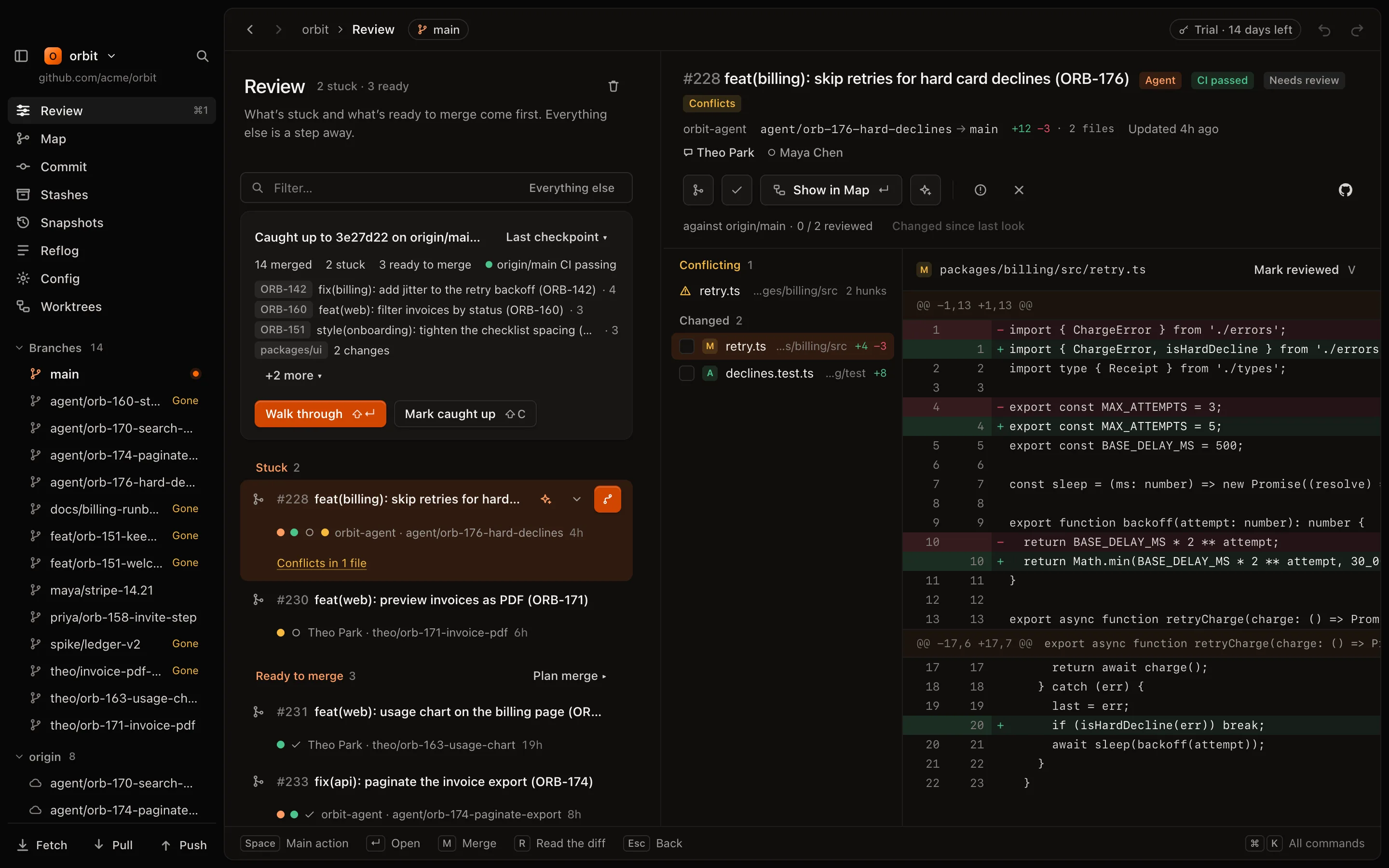 GitLanes Review: the catch-up card with merged, stuck and ready counts, then Stuck and Ready to merge