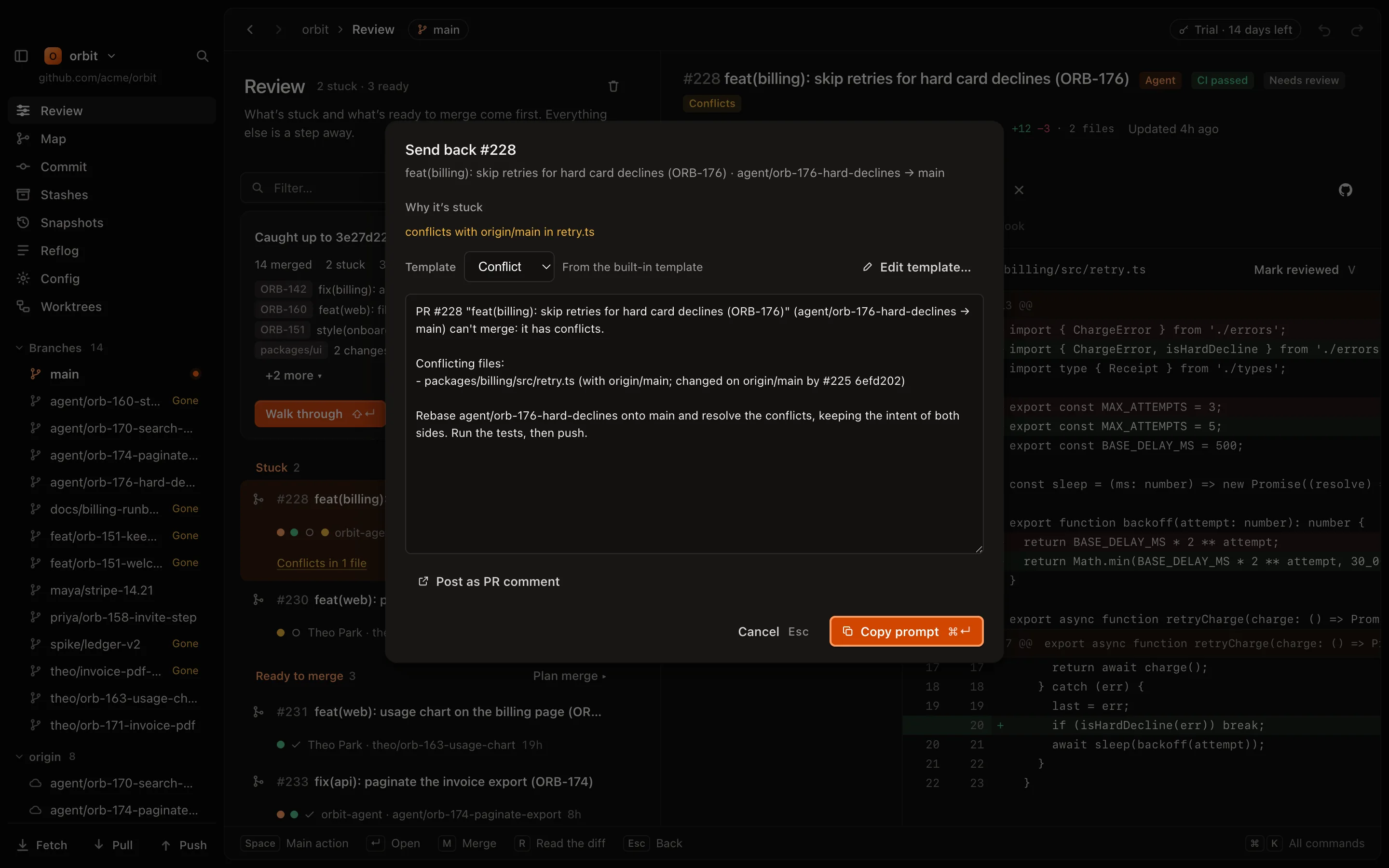The Send back sheet for a stuck pull request: why it is stuck and the prompt to copy for its agent